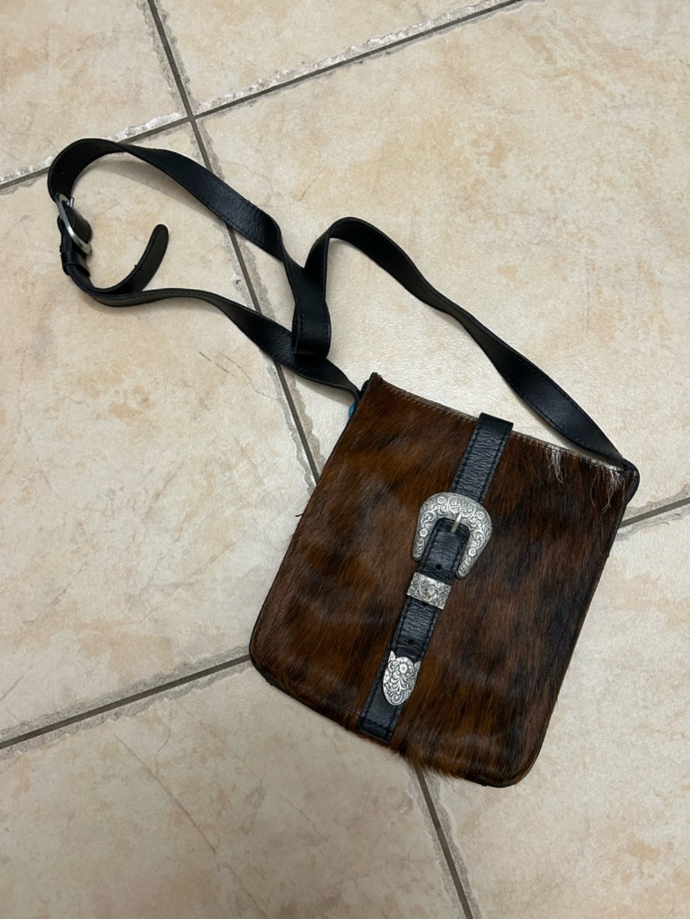 Patricia Nash Brown Haircalf Crossbody with Silver Buckle